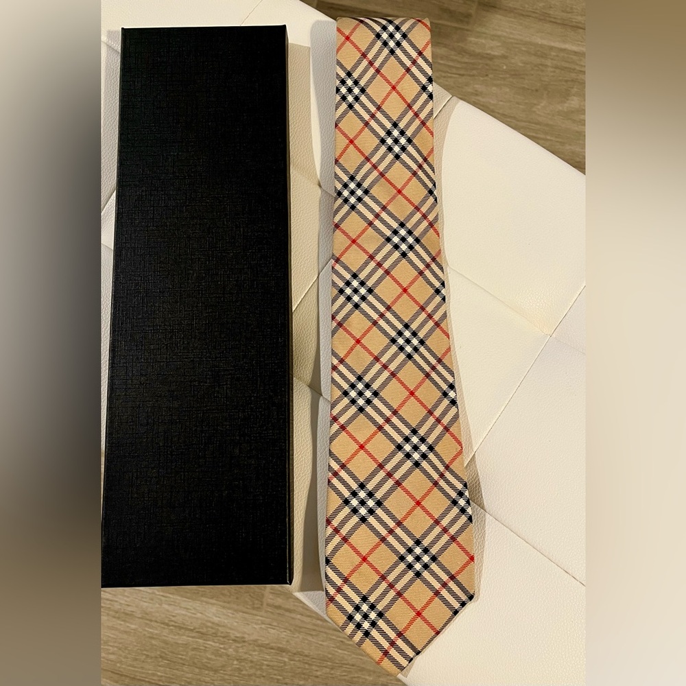 Burberry Mens Tie Classic Skinny Check Silk Plaid Beige Rohan Stanfield Manston